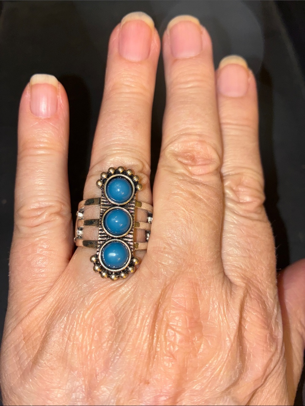 Triple Stone Turquoise-Style Ring in Antique Silver Finish